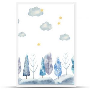 seamless pattern winter landscape, trees, clouds and stars watercolor childrens illustration on a white background, nursery room decor, print