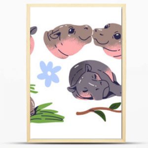 Cute baby hippo set. Funny pygmy hippopotamus has fun, sleeps, eats watermelon. Happy plump African animal swims in water, walks, relaxes. Flat isolated vector illustrations on white background