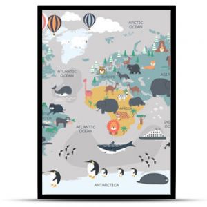 The world map with cartoon animals for kids, nature, discovery and continent name, ocean name, countries name. vector Illustration.