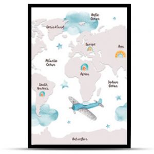 World map for kids with cute cartoon planes, clouds and rainbows. Children's map design for wallpaper, kid's room, wall art. America, Europa, Asia, Africa, Australia, Arctica. Watercolor illustration.