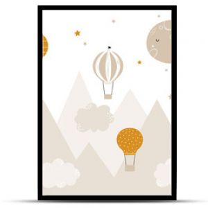 Vector children hand drawn doodle mountain illustration in scandinavian style. Mountain landscape, clouds, air balloons and cute moon. Kids wallpaper. Mountainscape, baby room design, wall decor.