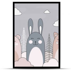 Drawing with animals. Wallpaper for the children's room. Little animals, wall decor with animals. Magical mountains, a fabulous world. Rabbit, bear, fox in the clouds.