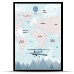 World map for kids with cute cartoon planes and air balloons. Children's map design for wallpaper, kid's room, wall art. America, Europa, Asia, Africa, Australia, Arctica. illustration.