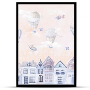 A painted children's city. A fabulous watercolor city in the clouds. Photo wallpapers for the children's room. Decorative pattern for the wall. Mural for interior decoration. A magical toy world.