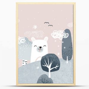 Cute pastel winter forest landscape with animals. Childish trendy print. Vector hand drawn illustration.