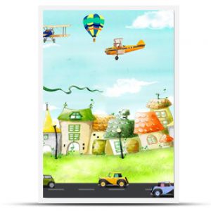 Cityscape with cars and airplanes. Baby photo wallpaper