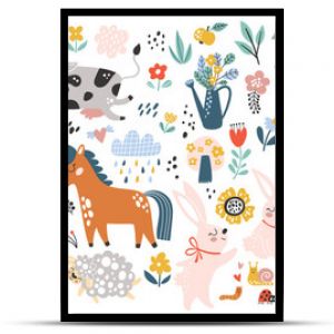 Izolowany zestaw z uroczymi zwierzętami hodowlanymi w stylu kreskówki Idealny projekt dla dzieci do owijania tkanin tekstylnych tapet odzieżowych