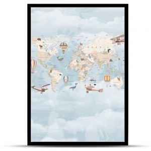 Children's map of the world in English. Detailed world map with the names of countries and capitals, with animals, airplanes and balloons. Children's educational photo wallpaper with the world map on 