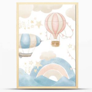 Wallpaper with Hot Air Balloons. Seamless wall paper for baby room. Pattern with clouds, rainbow and mountains for childish design. Blue and beige pastel colors