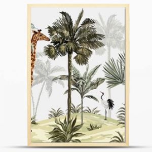 tropical jungle wallpaper design, giraffe, bird and leopard, hand drawing effect, wallpaper for kids room, interior design, mural art.