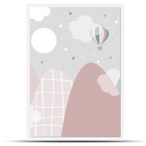 Vector hand drawn childish wallpaper with mountains, balloons and clouds. Modern 3D wallpaper for the children's room. Doodle style. 