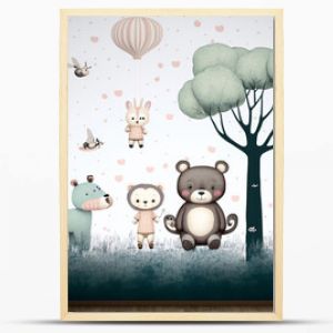 Kids room wallpaper with animals and pastel colors.Generative ai.