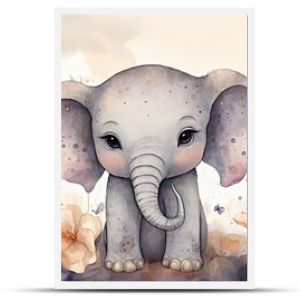 watercolor style illustration of happy baby elephant in flower blossom garden, idea for home wall decor, kid room, Generative Ai