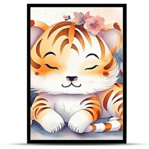 watercolor style illustration of happy tiger cub in flower blossom garden, idea for home wall decor, kid room, Generative Ai