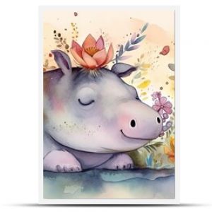 watercolor style illustration of happy hippo in flower blossom garden, idea for home wall decor, kid room, Generative Ai