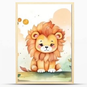 watercolor style illustration of happy lion cub in flower blossom garden, idea for home wall decor, kid room, Generative Ai