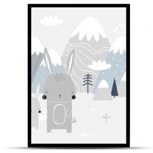 Vector children hand drawn mountain and cute bunny illustration in scandinavian style. Mountain landscape, clouds. Children's forest wallpaper. Mountainscape, children's room design, wall decor.