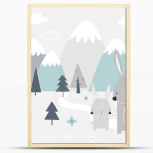 Vector children hand drawn mountain and cute bunny illustration in scandinavian style. Mountain landscape, clouds. Children's forest wallpaper. Mountainscape, children's room design, wall decor.