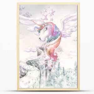 Rainbow Pegasus.  llustration for wallpaper, mural, card, dpoter, interior decoration. Kids room.