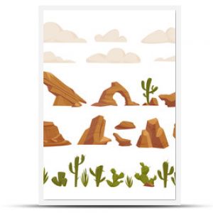 pustynny krajobraz elementy zestaw suchy pustynny fauna kaktusy suszone drzewa skały kamienie tumbleweed zielony szczupak rośliny wektor kreskówka konstruc
