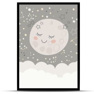 Children graphic illustration for nursery, wall, book cover, textile, cards. Interior design for kids room. Vector illustration with space theme and cute moon 