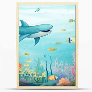 Underwater adventure: vector illustration of children and sea creatures for nursery wall and kids room