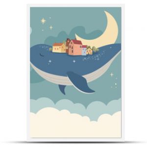 Children graphic illustration for nursery wall. Wallpaper design for kids room interior. Vector illustration with fantasy magic city on the back of whale flying in the sky