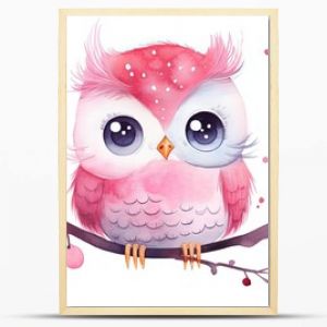  watercolor style illustration of happy baby owl in autumn forest garden, idea for home wall decor, kid room, Generative Ai