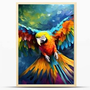 oil painting style illustration, macaw bird flying in tropical jungle ,cute and adorable wildlife, idea for wall art decor and background wallpaper, Generative Ai