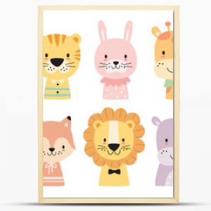 Cute wild woodland baby animal faces in pastel color vector illustration. Baby shower and nursery art animal set including a bear, tiger, lion, rabbit, giraffe, zebra, crocodile, fox, hippo and monkey