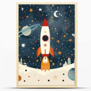 Space-themed wall decor for children's rooms featuring a cartoon rocket, planets, and vibrant mural artwork. AI technology used in the design process.