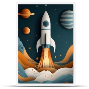 Dreamy space journey illustration with a friendly rocket, ideal for creative wallpapers and educational materials