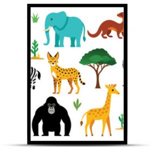 African animals  vector cartoon illustration. Cute lion, zebra, elephant, giraffe, hippo and other wild life clipart for zoo