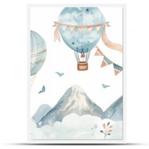 A seamless watercolor pattern for children with hot air balloons and clouds. It is illustrated in pastel blue and pink colors. The perfect background for a boy's or girl's room.