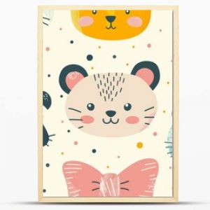 Cute animal faces and bows pattern on a cream background. Perfect for kids' products and nursery decor.