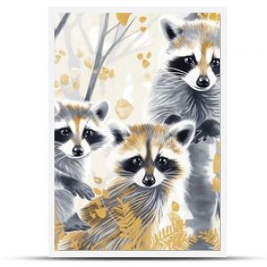 Whimsical Gouache Racoon Wallpaper: Delicate white and gold tones in an artful sketched aesthetic.