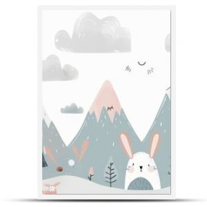 children hand drawn mountain and cute bunny illustration in scandinavian style. Mountain landscape, clouds. Children's forest wallpaper. Mountainscape, children's room design, wall, Generative AI