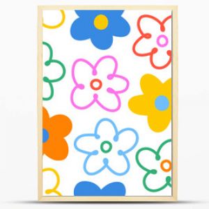 Hand drawn colorful floral seamless pattern, fun doodle flower pattern with childish style. Design for fabric, cover, wrapping, wallpaper.