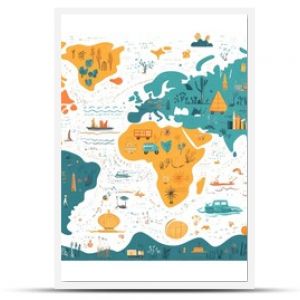 Colorful Illustrated World Map with Landmarks, Animals, and Cultural Icons