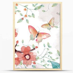 Creative Illustration and Innovative Art: Butterfly, Flower and Leaves. Realistic Fantastic Cartoon Style Artwork Scene, Wallpaper, Story Background, Card Design  