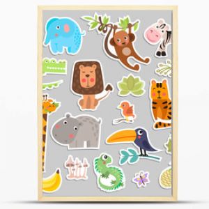 Cute set of stickers of safari animals and flowers. Savanna and safari funny cartoon sticker animals. Jungle animals vector set of sticker elements. Crocodile, giraffe, lion and monkey, and other