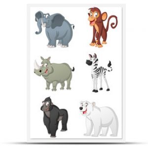 Grupa dużych zwierząt kreskówkowych Ilustracja wektorowa zabawnych, szczęśliwych zwierząt