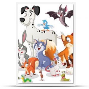 Grupa zwierząt z kreskówek Ilustracja wektorowa zabawnych, szczęśliwych zwierząt