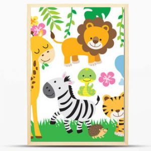 Ilustracja wektorowa uroczych zwierząt safari, w tym lew tygrys słoń małpa zebra żyrafa jeleń wąż i jeż