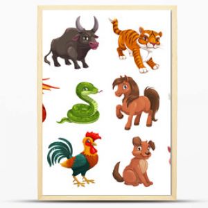 Chinese Lunar New Year animals, zodiac horoscope cartoon vector characters. Cute rat or mouse, dragon and pig, dog, tiger, rooster or chicken, horse, snake, monkey, ox, rabbit, goat or sheep signs