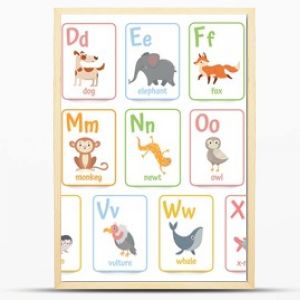 Karty alfabetu dla dzieci Edukacyjna karta ABC do nauki w wieku przedszkolnym z zestawem ilustracji wektorowych kreskówek ze zwierzętami i literami Flashcard