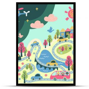 giant kind poster with city life - cars, school buses, roads, night and day, buildings, trees, flowers, bridge, river, lake, moon, sun, rail, clouds, sun - flat hand drawn vector illustration