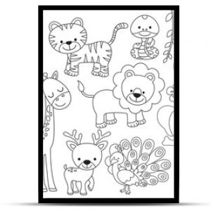 Outline wild safari animals vector illustration for coloring. Jungle animals line art including monkey, tiger, zebra, giraffe, lion, elephant, snake, deer and peacock.