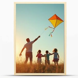 Father flying a kite with children in the field on sunlight sky