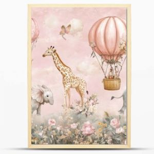 A kids' wallpaper mural featuring cycling animals with balloons, including a giraffe and elephant, set against a watercolor pink background. The design includes hot air balloons, blooming flowers.